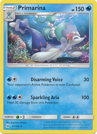 Primarina 41/149 Rare - Pokemon Sun & Moon Base Set Single Card